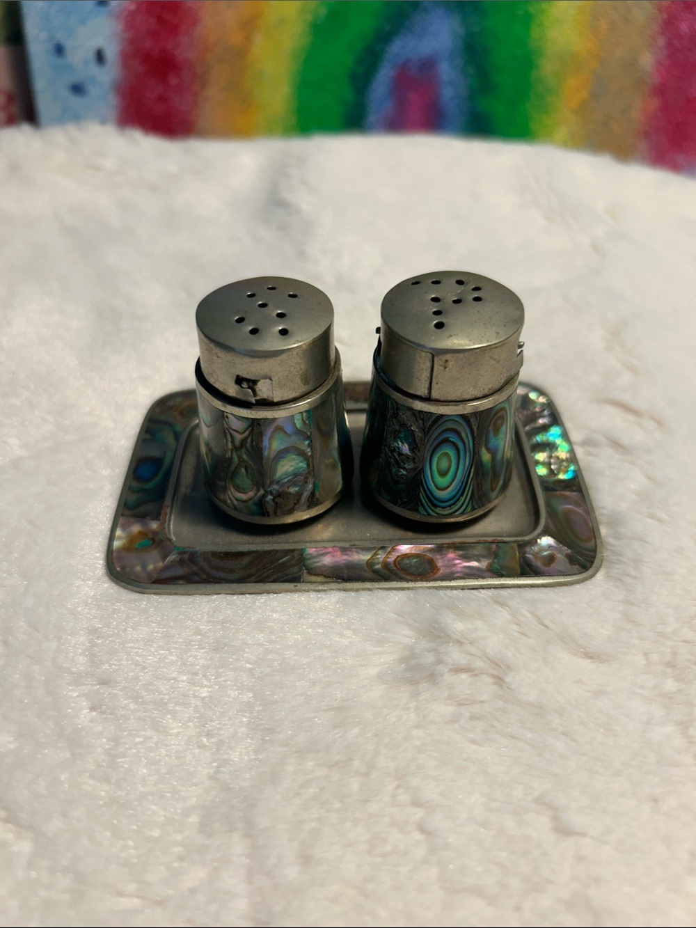 Vintage Mexican Alpaca Silver Abalone Inlay Salt Pepper Shaker Set Tray